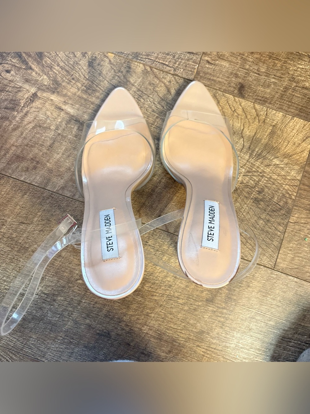 Steve Madden Clear PVC Strap Nude Insole Block Heel Sandals - Picture 6 of 7